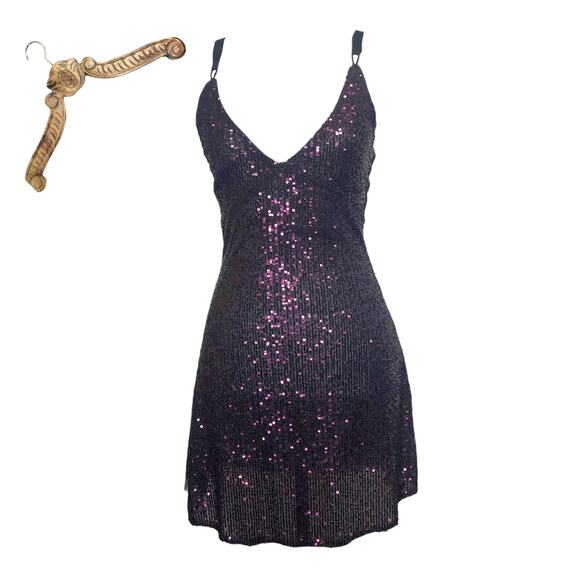 Free People Micro Mini Dress Purple Sequin Plunge V Neck Tie Back Party xs - Picture 1 of 9